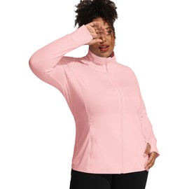 COOTRY Women's Plus Size Athletic Jackets Zip Up Lightweight Workout Running Track Jackets with Thumb Holes Light Pink 3XL