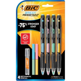BIC - Lápices mecánicos resistentes a la rotura con borradores, n.º Paquete de 2 lápices de punta media (0,7 mm), 4 unidades para suministros escolares u oficinas, recargas de plomo y borrador