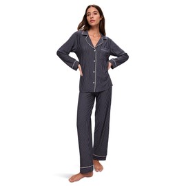 Eberjey Women'S Gisele Printed Long PJ Set Duo Stripe True Navy/Ivory Large, Inseam: 30.5