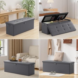 DocSafe Storage Ottoman Bench, Fireproof＆Waterproof Folding Bench with Lock(15”x 43”x15”), Leather Storage Chest with Handles＆2 Extra Boxes, Ottoman Safe for Bedroom,Living Room,Home Office, Gray
