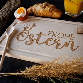 Spruchreif Wooden Chopping Board | Chopping Board with Engraving and Finger Hole | Chopping Board with Egg Holder | 2 in 1 Board and Egg Cup | Easter Breakfast Board | Easter Gift | Happy Easter