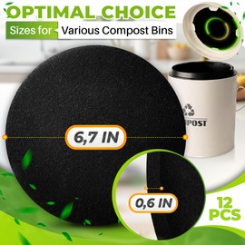12 Pcs Charcoal Filters for Compost Bucket - 6.7 x 0.6 Compost Bin Filters Charcoal Set, Flexible and Easy to Cut Design, Strong Odor Absorption & Tear Resistance, Fits Most Kitchen Counter Bins