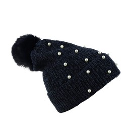Nollia Women's Pom Pom Knit Winter Beanie for Cold Weather-Cozy Beanie Hat for Skiing, Snowboarding, Outdoor Winter Sports-Navy Pearl