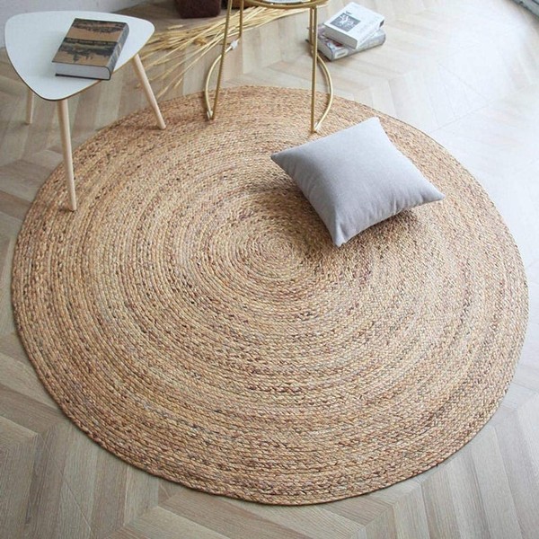 FRELISH DECOR Handwoven Jute Area Rug - 8 feet Round - Natural Yarn - Rustic Vintage Beige Braided Reversible Rug - Eco Friendly Rugs for Bedroom - Kitchen - Living Room - Farmhouse (8' Round)