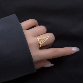 IMINI Fashion Cross Stars Chain Ring for Women Girls 925 Sterling Silver Statement Punk Open Finger Rings Exquisite Layered Adjustable Band Rings Vintage Jewelry Gifts (Gold)
