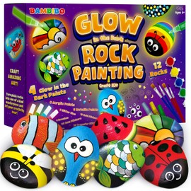 Bambibo Glow in The Dark Rock Painting Kit - MEGA Pack, 62 PCS | DIY Arts and Crafts for Kids | Kids Rock Painting Supplies with 18 Paints | Kids Craft Paint Kits | Rock Painting Kit for Kids 6-12