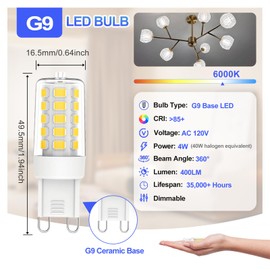 G9 LED Bulbs, 40 Watt Equivalent T4 Chandelier Light Bulb, 6000K Daylight White 450 Lumens, Bi-pin G9 Base, G9 Light Bulbs Dimmable, 4W LED Bulb 360 Degrees Beam Angle, 5 Pack
