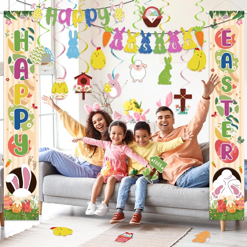 Easter Decorations Happy Easter Porch Banner Eggs Garland with Hanging