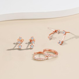 Loutade 3 Pairs 925 Sterling Silver Stud Hoop Earrings Set for Women, Hypoallergenic Small Cartilage Sleeper Rose Gold Earrings Set for Multiple Piercings, Dainty Climbers Studs Ear Hoops Stacks