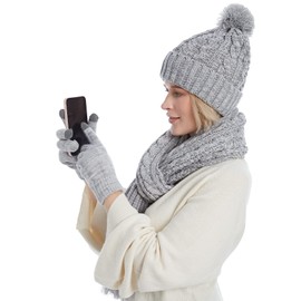 IDOWELA Womens Cable Knit Beanie Hat Scarf Glove Set, Fleece Lined Winter Hats Touchscreen Gloves Matching Long Scarfs for Women