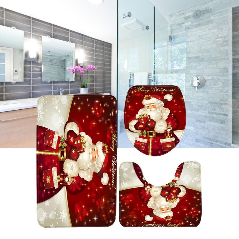 3Pcs Christmas Mat Sets Santa Claus Non Slip Mat Bathroom