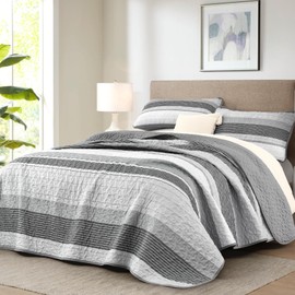 Djoymock King Size Quilt Set Grey 3 Piece Summer Striped Patchwork Bedding Set Soft Lightweight Bedspread Coverlet Set with 2 Pillow Shams Microfiber Comforter Set for All Seasons 110" × 90"