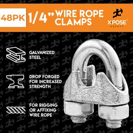 Wire Rope Clamp for Stainless Steel Wire Rope - 1/4" Galvanized U Bolt Style Cable Clips - for Guy Line, Metal Fence, Antenna, Clothesline, Rigging Hardware, Batting Cage - by Xpose Safety Pack of 48
