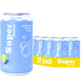 Super Seltzer Sparkling Water with Electrolytes and Vitamins, Berry Lemonade Naturally Flavored, 12 Fl Oz, Pack of 12 cans