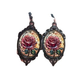 Gothic Rose Cameo Dangle Earrings Vintage Crystal Glass Flower Drop Earring Punk Style Rose Earring-Hot Pink