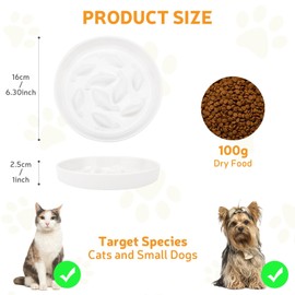 GUWINA Ceramic Slow Feeder Cat Bowl 6.3'' Wide, Shallow Slow Eating Cat Bowl for Dry and Wet Food, Anti Gulping Pet Puzzle Feeder for Cats and Small Dogs, Dishwasher Safe (White)