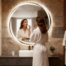 Espejo para Bao Redondo 70x 70cm,Espejo con Luz Led con 3 Modos de Iluminacin-Antivaho y lnteligente Reloj Digital Regulable Espejos Baos para Bao... 