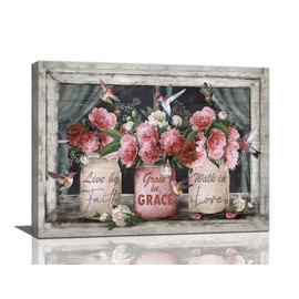 Farmhouse Canvas Wall Art Rusitc Pink Rose Wall Decor Flower Mason Jar Hummingbird Pictures Painting Prints Framed Decor Country Home Artwork for Bedroom Bathroom Living Living Room 12"x16"