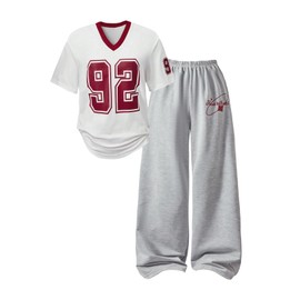SOLY HUX Girl's Sporty Outfits Number Graphic Jersey Shirt and Baggy Sweatpants Suit 2 Piece Set White and Grey 11Y