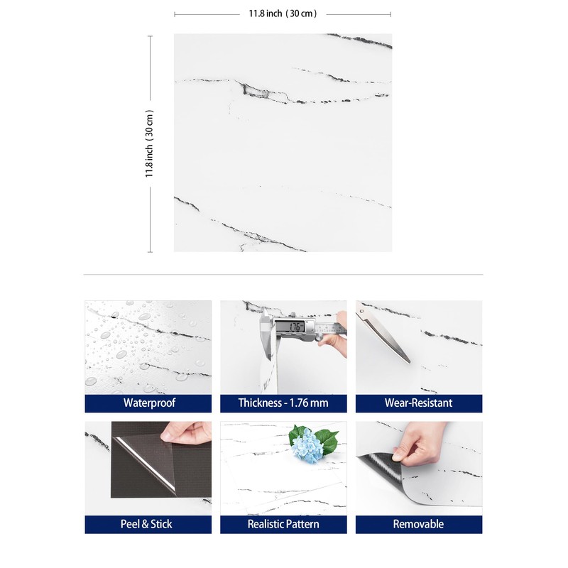 FunStick Peel and Stick Floor Tile White Marble Vinyl Flooring