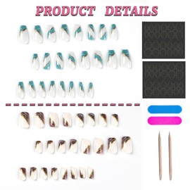 48 Pcs Press On Nails Medium Coffin Long Fake Nails Acrylic Gradient Fake Nails with Glitter Square Marble Full Cover Stick On Nails for Women