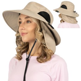 SUN CUBE Fishing Hat Sun Hat for Men, Women, Hiking Sun Hat with Neck Flap, Wide Brim, Chin Strap, Safari Summer Bucket Boonie Hat, UPF 50+ Outdoor Protection, Packable Breathable Mesh (Tan)