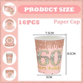 YAAVAAW Happy 60th Birthday Paper Cups Rose Gold,16Pcs Womens Birthday Party Cups Tableware,60th Birthday Decorations Cups for Womens,Lady,Her 60th Birthday Party Supplies Table Decorations