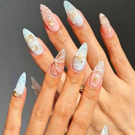 Summer Press on Nails Medium Almond Fake Nails with 3D Pearl Shell Starfish Designs French Tip Nails Press ons Glossy Glue on Nails Nude Acrylic Nails Blue False Nails Stick on Nails for Women 24Pcs
