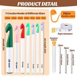 7 Sizes Large Crochet Hooks Set, 7mm-20mm Huge Crochet Hooks for Chunky Yarn, Ergonomic Crochet Needles with Big-Eye Blunt Needles Crochet Accessions for DIY Craft Carpets