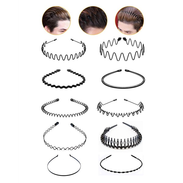 10 Pack Metal Hair Bands for Men Women Unisex Black Metal Headband Hair Hoop Spring Wavy Hairband Sports Outdoors Headbands Headwear Accessories