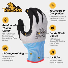 dinopro ANSI A9 Highest Level Cut Resistant Work Gloves for Extreme Protection,Cut Gloves with Reinforced Thumb, Non Slip,Breathable, Durable, Touch-screen,PFAS&Fiberglass Free, Grey 1 Pair (Small)