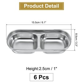 sourcing map 6 Pack Stainless Steel Dish Dipping Bowls with 2 Rectangular Compartment Divided, Metal Seasoning Plate Dipping Bowl for Condiment Home Party Restaurant Picnic Travel, Silver