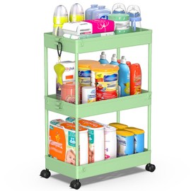 SPACEKEEPER Rolling Storage Cart 3 Tier, Bathroom Cart Organizer Laundry Room Organizer Utility Cart Mobile Shelving Unit Multi-Functional Shelves for Office, Kitchen, Bathroom, Green, SPKSC302GN