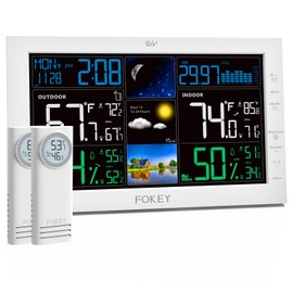 Fokey Weather Station Wireless Indoor Outdoor, Indoor Outdoor Thermometer Wireless, Home Atomic Clock Weather Stations, Digital Temperature Humidity Barometer Inside Outside Thermometers, White+2 Sens