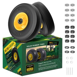 Wiltire (2 Pack) 4.10/3.50-4 Flat Free Tire and Wheel 10-Inch Solid Wheel Replacement with 5/8 Extra 3/4 &1/2 Bearings,2.2" Offset Hub -Compatible with Hand Truck,Wheelbarrow(Wave,Yellow)