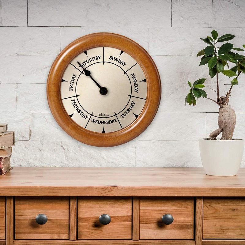 DayClocks Classic Week-Day Wall Clock with Solid Wood-Round Frame –