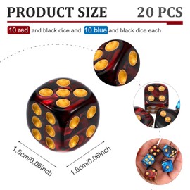 JIEYAO 20 Piece Dice Set, Polyhedral Dice D6 Dice Set 16 mm Acrylic Dice Game Dice Blue and Red Colour Dice with Gold Pips, Colourful Dice for Role Play, Dice Games, Table Games