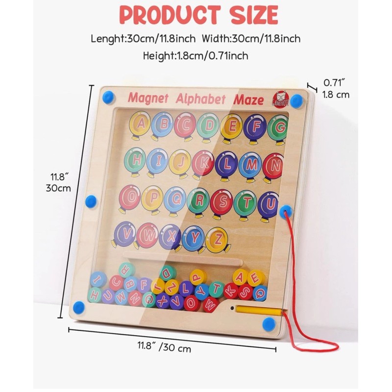 Gamenote Magnetic Alphabet Maze Board with 4 Activity Cards, Wooden