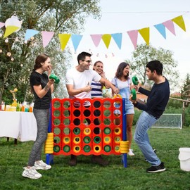 HOMGX 4-Point Mega Game Set w/Storage Portable Bag, 4-Inch Large Row,Plastic Quadruple Chess Set w/ 42 Large Rings, Suitable for Family Gatherings and Birthday Parties, Suitable for All Ages (Blue)