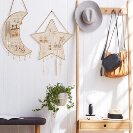Rolin Roly Wall Jewellery Holder Ear Stud Holder Moon Hanging Jewellery Organiser Earring Organiser Storage with 3 Hooks Holder for Necklaces Bracelets Crystal