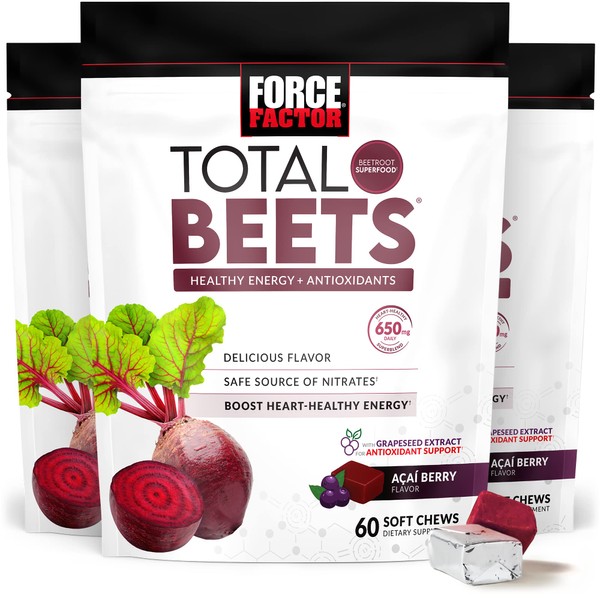 Force Factor Total Beets Soft Chews with Beetroot, Nitrates, L-Citrulline, Grapeseed Extract, & Antioxidants, Healthy Energy Supplement with Elite Ingredients for Heart, Superfood, 180 Count, 3-Pack