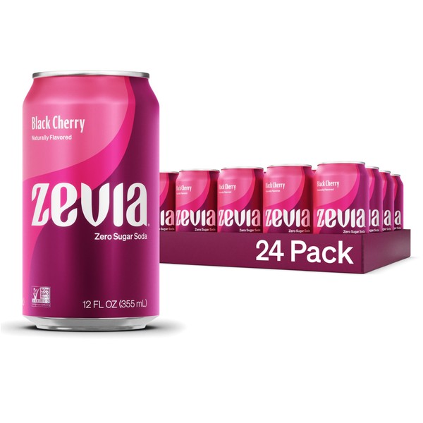 Zevia Zero Sugar Soda, Black Cherry, 12 oz Cans (24-Pack)