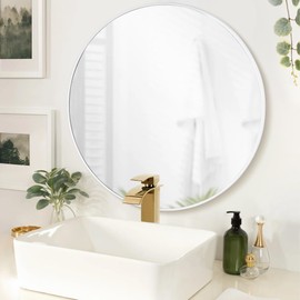 CULER Round White Bathroom 24 Inch Mirror,Circle Wall Modern Mirror for Bedroom,Hanging Vanity Tempered Glass Mirror for Entryway or Living Room