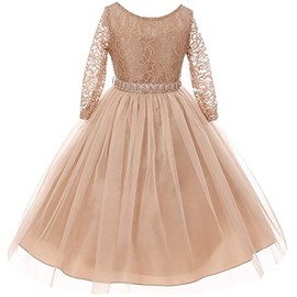 Big Girls' Dress Lace Top Rhinestones Tulle Holiday Christmas Party Flower Girl Dress Champagne Size 10 (M37BK2)
