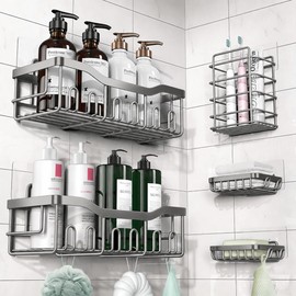 Organizador de Baño Set de 5 Piezas, Repisas de Acero Inoxidable 304 con Porta Jabón, Canastilla y Ganchos Adhesivos, Estantes para Ducha y Regadera