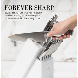 Styled Settings Stainless Steel Knife Set with Built In Sharpener - 14 Piece Ultra Sharp, High Carbon Stainless Steel Kitchen Knife Set Includes White Knife Block with Sharpener Built In