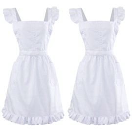 Geyoga 2 Packs Women's Apron Kitchen Cooking Half Apron Vintage White Maid Apron with Pockets Servant Aprons(Long Apron)