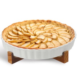 LemonRoad 9 Inch Ceramic Pie Pan with Wooden Bracket Ceramic Deep Fluted Pie Dish for Baking Quiche Pan Fluted Quiche Baking Dish for Tart Chicken Pot Cheesecake Creme Brulee