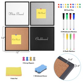 Dry Erase White Board, Cork Board, Chalkboard, Felt Bulletin Board Set, Black Framed, 4 Pack 12" X 12", Perfect for Office and Home Decor, Combo Board 4 in 1â¦