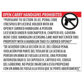 "Open Carry Handguns Prohibited" Section 30.07 Poster - 18x24 Window Cling - Inside Facing Out